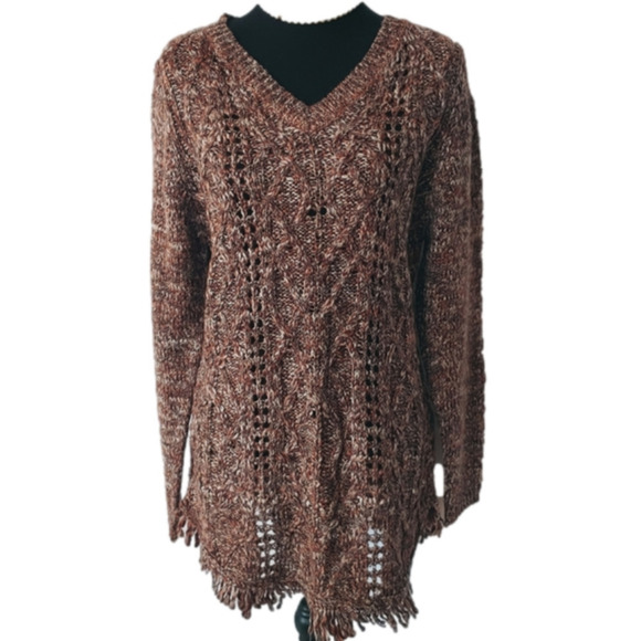 Ethyl Sweaters - NWT Ethyl Fringe Hem Chunky SOFT Cable Knit Sweater Brown V-Neck Pullover XL